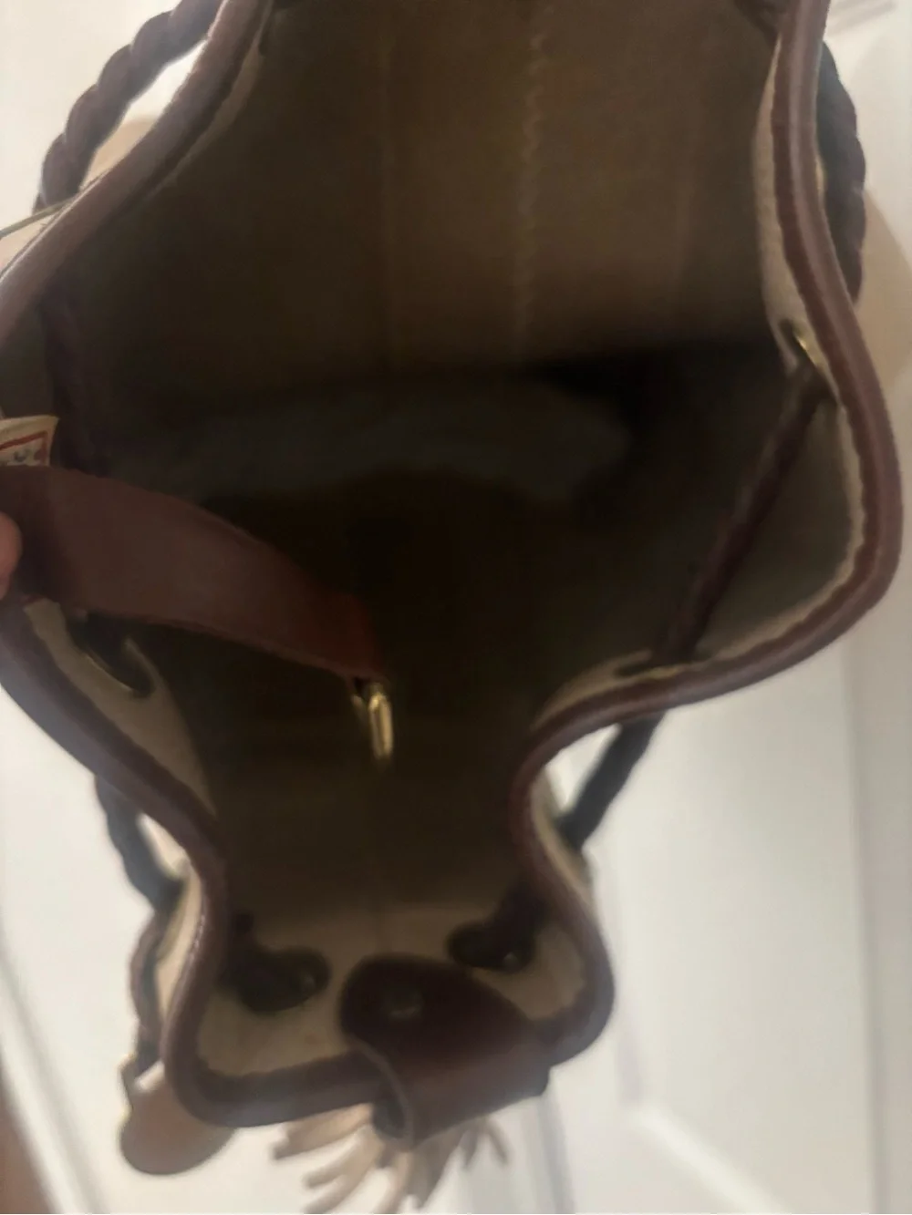 Dooney & Bourke Beige and Brown Leather Drawstring Bucket Backpack